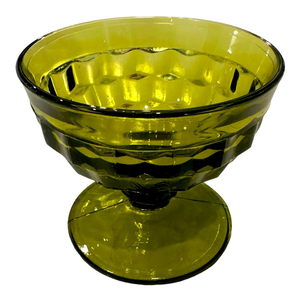 Avocado Green Indiana Glass Whitehall Colony Cubist Footed Sherbet Glass